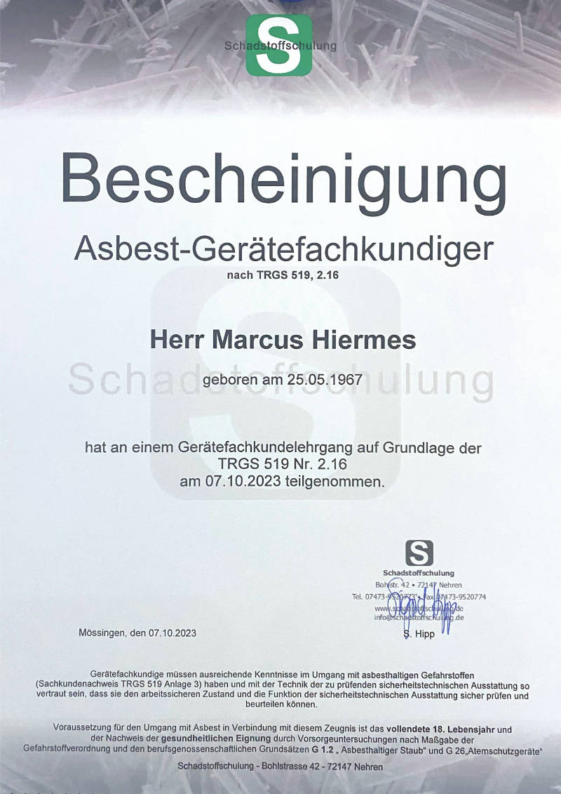 Urkunde Asbestgerätefachkundiger nach TRGS 519, 2.14