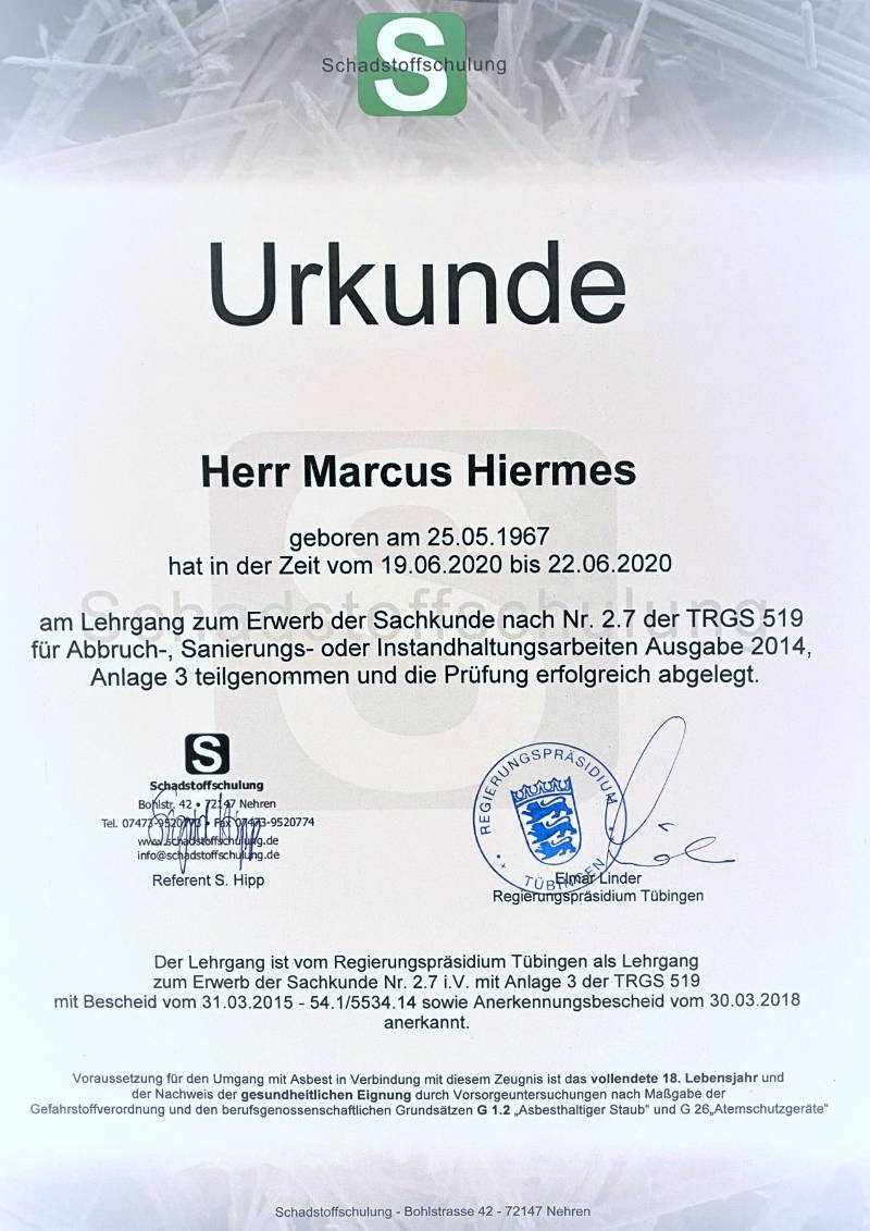 Urkunde der Sachkunde TRGS 519 - großer Asbestschein